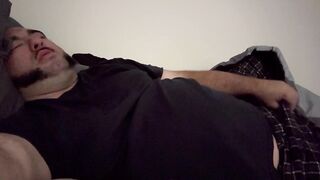 Plump man masturbates to climax and cum in couch