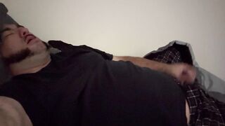 Plump man masturbates to climax and cum in couch