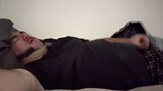 Plump man masturbates to climax and cum in couch