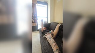 Trans whore cums on her own face