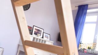 Fake Hostel - Excellent large, full, enormous natural breasts on French beauty who gets banged twice & cums hard