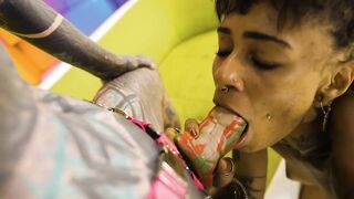 Tattooed Lesbo Belt-on Screw Squirting and Void urine Play