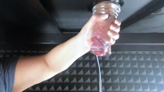 Massaging clients rod with a screw sleeve (milking table) Loud jerking off sounds with a lot of cum.