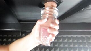 Massaging clients rod with a screw sleeve (milking table) Loud jerking off sounds with a lot of cum.