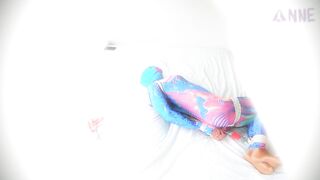 Colourful catsuit selfbondage hogtie