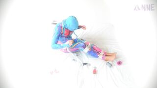 Colourful catsuit selfbondage hogtie