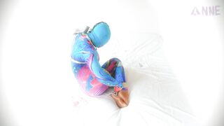 Colourful catsuit selfbondage hogtie