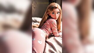 Wrapped in soft pink pajamas and morning light, Rapunzel looks as gentle as a fantasy. Her golden hair spills across the daybed like sunlight caught in fabric — warmth, comfort, and a touch of magic.
