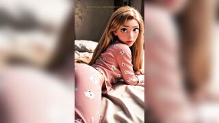 Wrapped in soft pink pajamas and morning light, Rapunzel looks as gentle as a fantasy. Her golden hair spills across the daybed like sunlight caught in fabric — warmth, comfort, and a touch of magic.