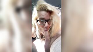 Real hooker wearing glasses gets on her knees in public to take a load of cum in her throat after sucking off an grand-daddy for cash