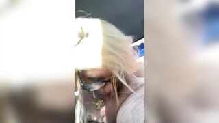 Real hooker wearing glasses gets on her knees in public to take a load of cum in her throat after sucking off an grand-daddy for cash