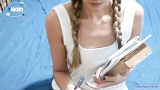 Shy librarian with petite boobs turned out to be mad anal lovers and one rod is not sufficiently for her