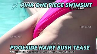 Pink One Piece Swimsuit Poolside Unshaved Bush Tease