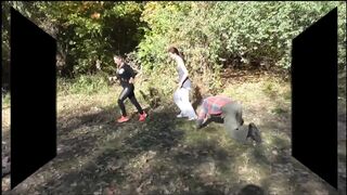 Dom joggers walking their pet thrall