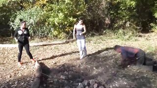 Dom joggers walking their pet thrall