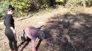 Dom joggers walking their pet thrall