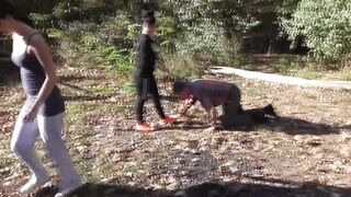 Dom joggers walking their pet thrall