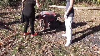 Dom joggers walking their pet thrall