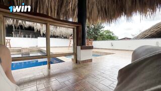 Screwing my stepbrother's wife outdoors in the pool out of a fuck-rubber