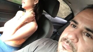 Cutie masturbates in the Uber car on her way to work.