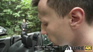 MATURE4K. Older slut Texas Patti is banging on top of her car in front of her spouse