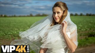 BRIDE4K. Lewd bride showed her ideal natural titties and twat to strangers