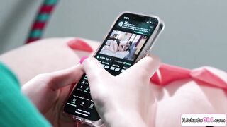 Dee Williams puts on a blindfold hoping awaiting for her spouse.Later this babe begins groaning not knowing it was her stepdaughter screwing her with belt on