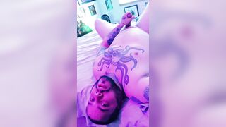 Tattooed Chap Masturbating in Couch