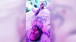 Tattooed Chap Masturbating in Couch