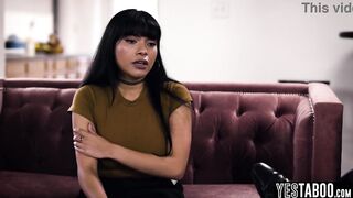 Large tits curvy Oriental maid screws her large cock boss in the kitchen