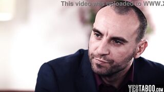 Large tits curvy Oriental maid screws her large cock boss in the kitchen