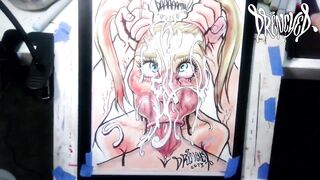When This babe Manages to Fit Your Ramrod & Balls in Her Throat at The Same Time - Ejaculation Drawing Timelapse
