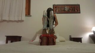 I tied my wife on the couch on hose and high heels, throated and screwed with no lenience