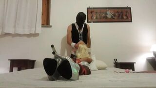 I tied my wife on the couch on hose and high heels, throated and screwed with no lenience