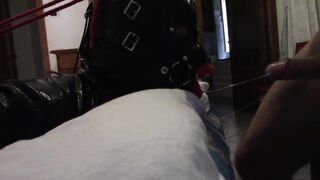 My wife is hogtied on the daybed with an open gag on her throat. I banged her mouth and cummed on her