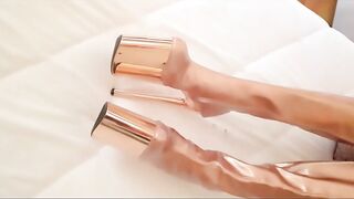 Gold knee high boots, fishnet nylons, micro petticoat and a white mini top