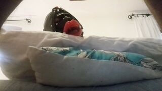 Throatfucked with a large lips gag. Hooded deepthroat and giant cum drink