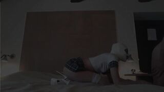 In hot underware, high heels and mask has to deepthroat a large rod and this babe's banged with no lenience