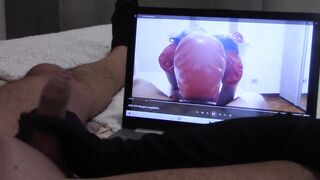 Tugjob in gloves, during the time that i'm watching one of my wife clips, with spunk flow