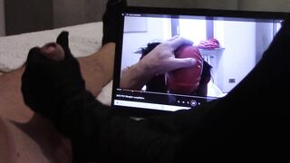Tugjob in gloves, during the time that i'm watching one of my wife clips, with spunk flow