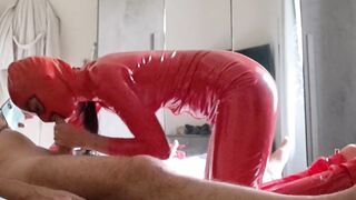 mother I'd like to fuck in latex catsuit gives oral-job and swallows cum
