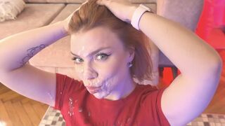 MASSIVE spunk fountain! Her face is ABSOLUTELY overspread goo