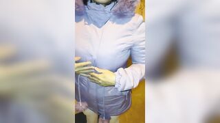 Older woman wearing red thread in transparent leggings, captured on the street