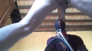 fastened, blinfolded and ball gagged then has to suck a large ramrod, coarse deepthroat