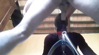 fastened, blinfolded and ball gagged then has to suck a large ramrod, coarse deepthroat