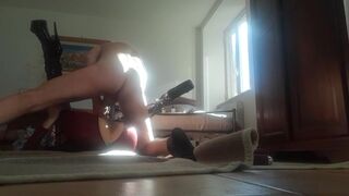 Wearing a leather red catsuit and ebony boots over the knee i roughly drilled her throat and snatch