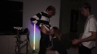 Part 1: A youthful gal gets drilled hard at a party by boyz with large cocks.