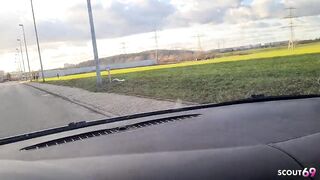 German Golden-haired Hitchhiker Pick up and Get Risky POV Outdoor Screw in Car