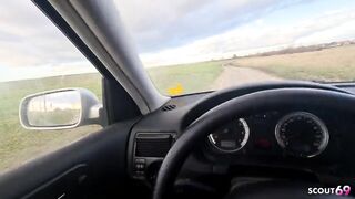 German Golden-haired Hitchhiker Pick up and Get Risky POV Outdoor Screw in Car