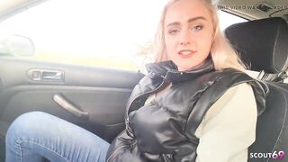 German Golden-haired Hitchhiker Pick up and Get Risky POV Outdoor Screw in Car